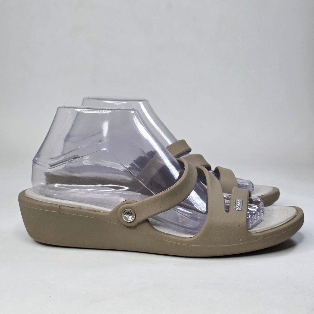 Crocs Hanalei Strappy Wedge Sandals Khaki Gray Womens Size 9 Slip On Slides Shoe
